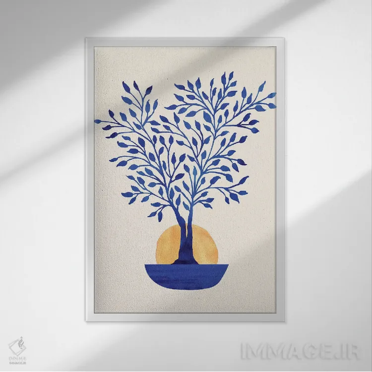 تابلو مینیمال طلوع فیکوس نیلی اثر مدرن تروپیکال - نمای قابدار سفید
