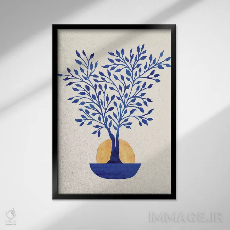تابلو مینیمال طلوع فیکوس نیلی اثر مدرن تروپیکال - نمای قابدار مشکی