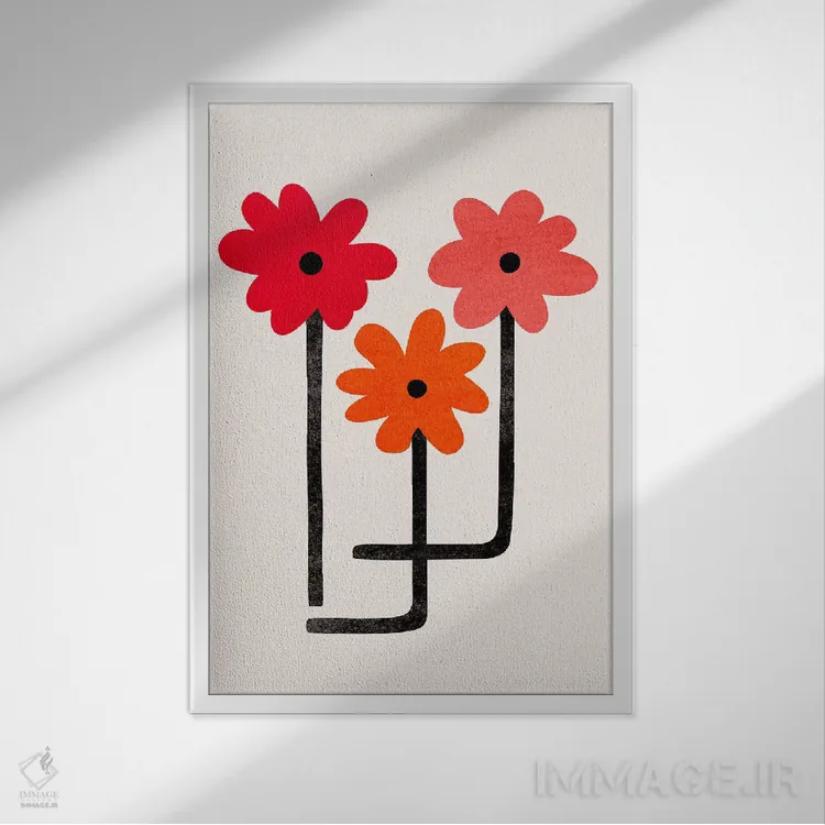 تابلو مینیمال شکوفه های آتشین قرمز اثر مدرن تروپیکال - نمای قابدار سفید