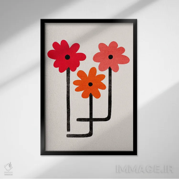 تابلو مینیمال شکوفه های آتشین قرمز اثر مدرن تروپیکال - نمای قابدار مشکی