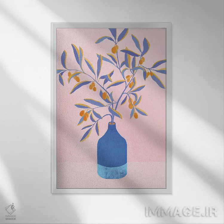 تابلو دکوراتیو شاخه های آبی اثر مدرن تروپیکال - نمای قابدار سفید