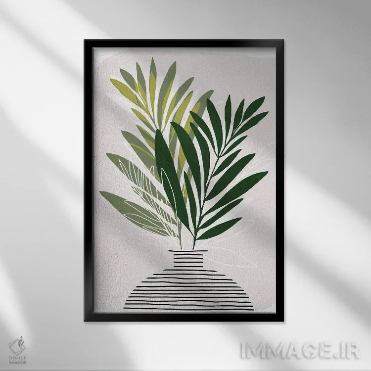 تابلو مینیمال شاخه های زیتون اثر مدرن تروپیکال - نمای قابدار مشکی