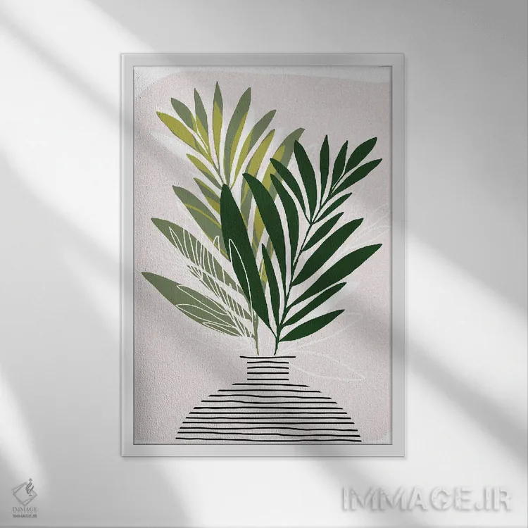 تابلو مینیمال شاخه های زیتون اثر مدرن تروپیکال - نمای قابدار سفید