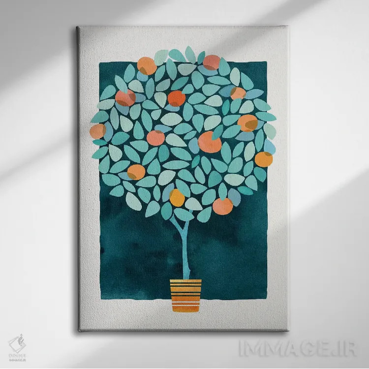 تابلو مینیمال درخت پرتقال در نیمه شب اثر مدرن تروپیکال - نمای روبهرو روی دیوار