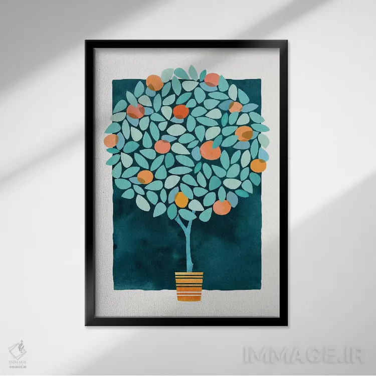 تابلو مینیمال درخت پرتقال در نیمه شب اثر مدرن تروپیکال - نمای قابدار مشکی