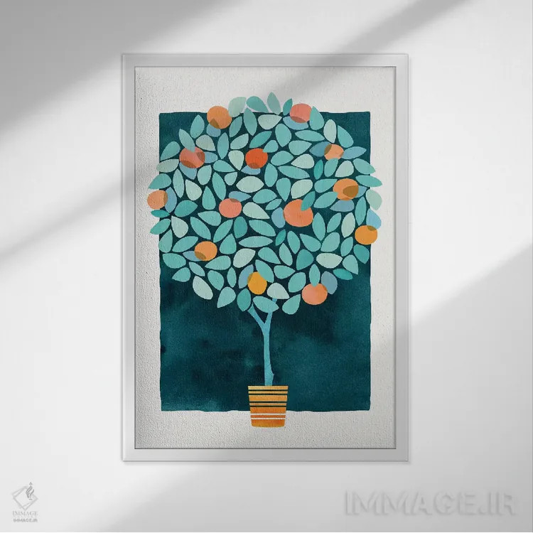 تابلو مینیمال درخت پرتقال در نیمه شب اثر مدرن تروپیکال - نمای قابدار سفید