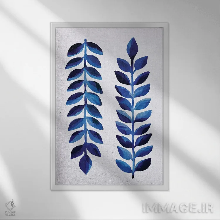 تابلو مینیمال نیلی گرمسیری اثر مدرن تروپیکال - نمای قابدار سفید