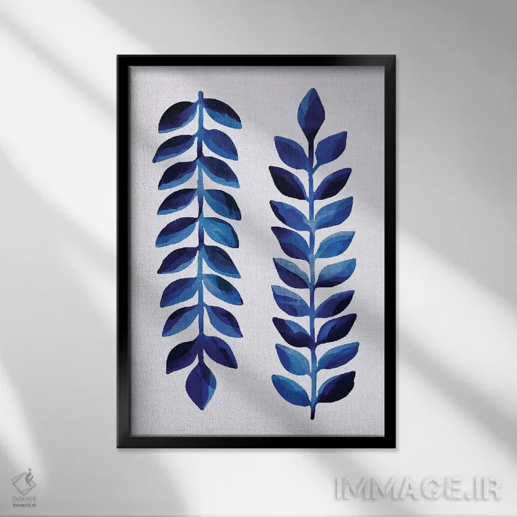 تابلو مینیمال نیلی گرمسیری اثر مدرن تروپیکال - نمای قابدار مشکی