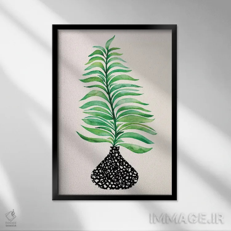 تابلو مینیمال برگ گرمسیری در گلدان اثر مدرن تروپیکال - نمای قابدار مشکی
