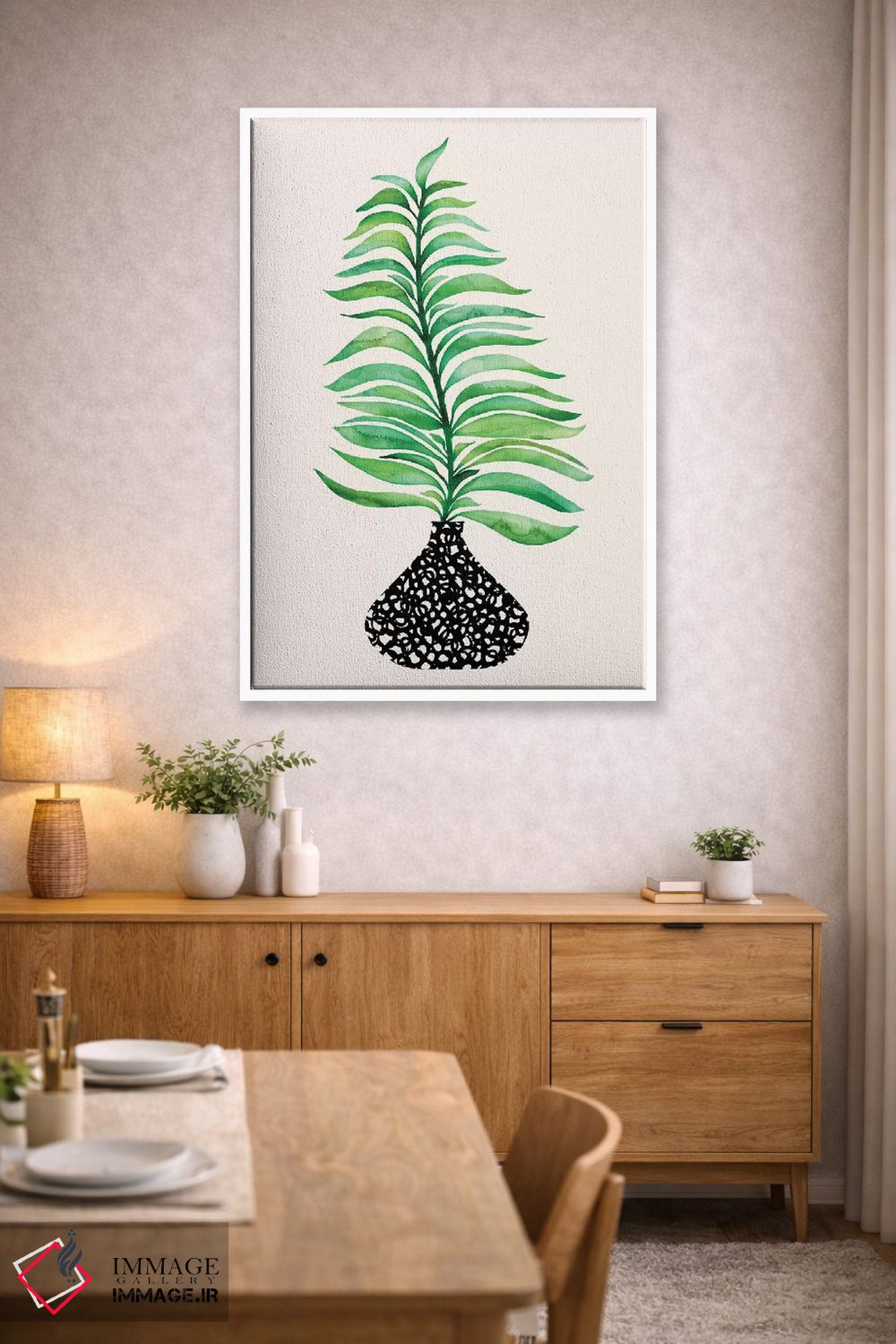 تابلو مینیمال برگ گرمسیری در گلدان اثر مدرن تروپیکال - D3W