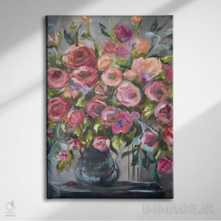 تابلو دکوراتیو فلور فراوان صورتی اثر آپریل موفات - نمای روبهرو روی دیوار