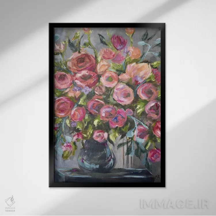 تابلو دکوراتیو فلور فراوان صورتی اثر آپریل موفات - نمای قابدار مشکی