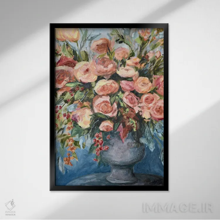 تابلو دکوراتیو فلور فراوان آبی اثر آپریل موفات - نمای قابدار مشکی