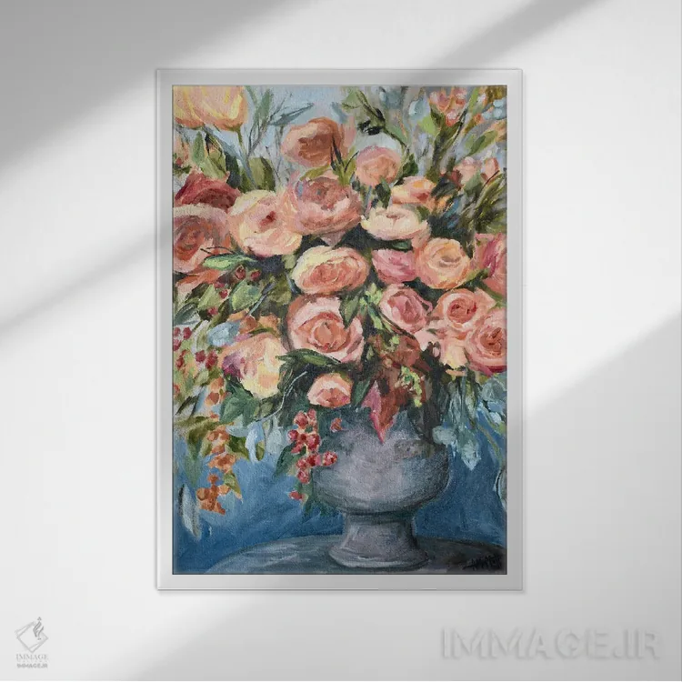 تابلو دکوراتیو فلور فراوان آبی اثر آپریل موفات - نمای قابدار سفید