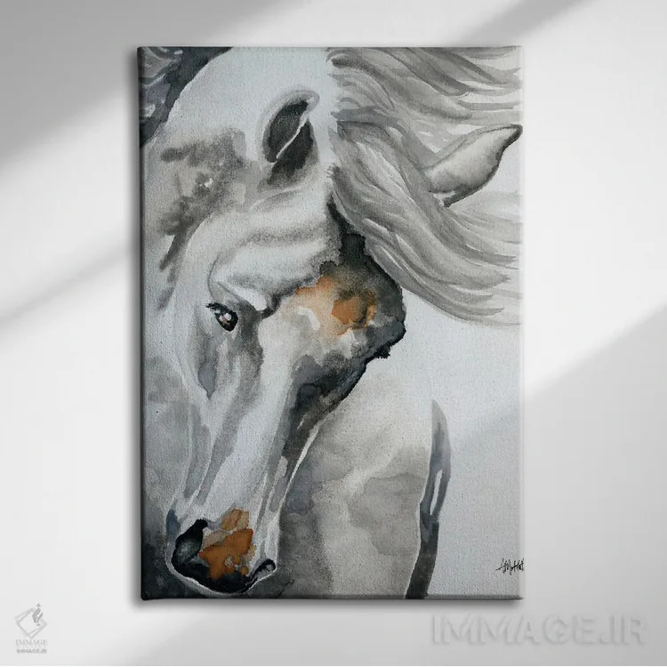 تابلو دکوراتیو اسب سفید سر تکان دهنده اثر آپریل موفات - نمای روبهرو روی دیوار