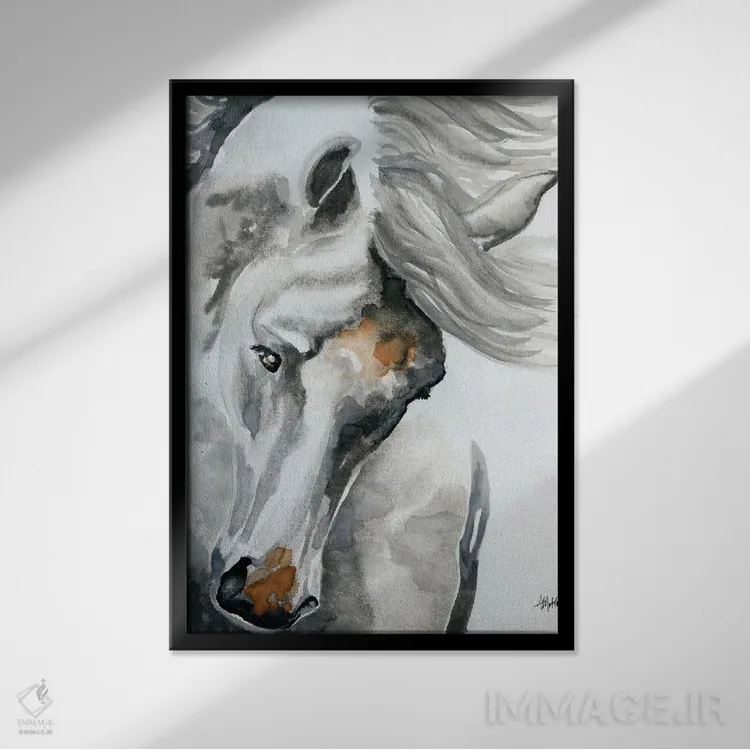 تابلو دکوراتیو اسب سفید سر تکان دهنده اثر آپریل موفات - نمای قابدار مشکی