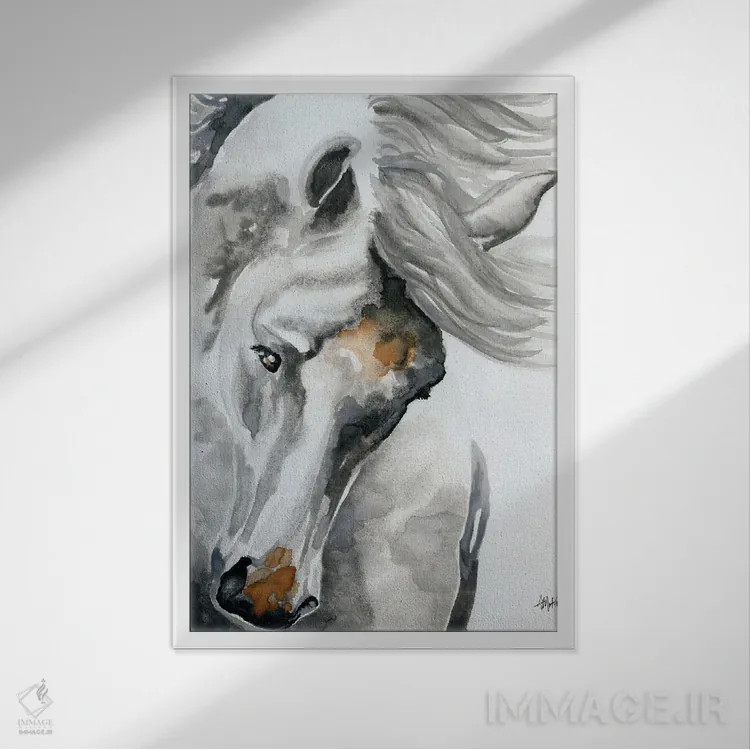 تابلو دکوراتیو اسب سفید سر تکان دهنده اثر آپریل موفات - نمای قابدار سفید