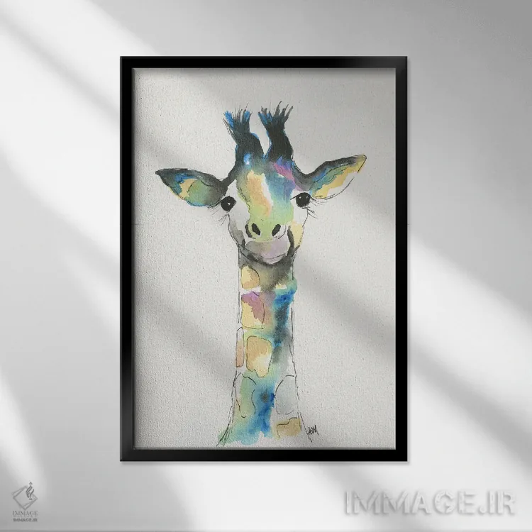 تابلو دکوراتیو زرافه آبرنگی برای اتاق کودک اثر آپریل موفات - نمای قابدار مشکی