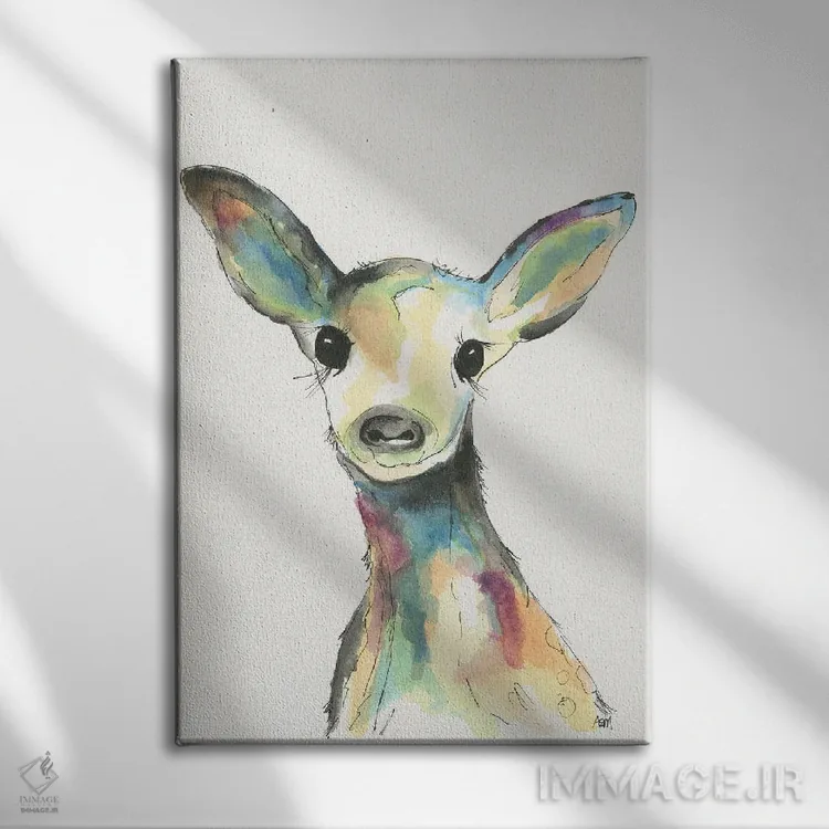 تابلو دکوراتیو گوزن بچه آبرنگی برای اتاق کودک اثر آپریل موفات - نمای روبهرو روی دیوار