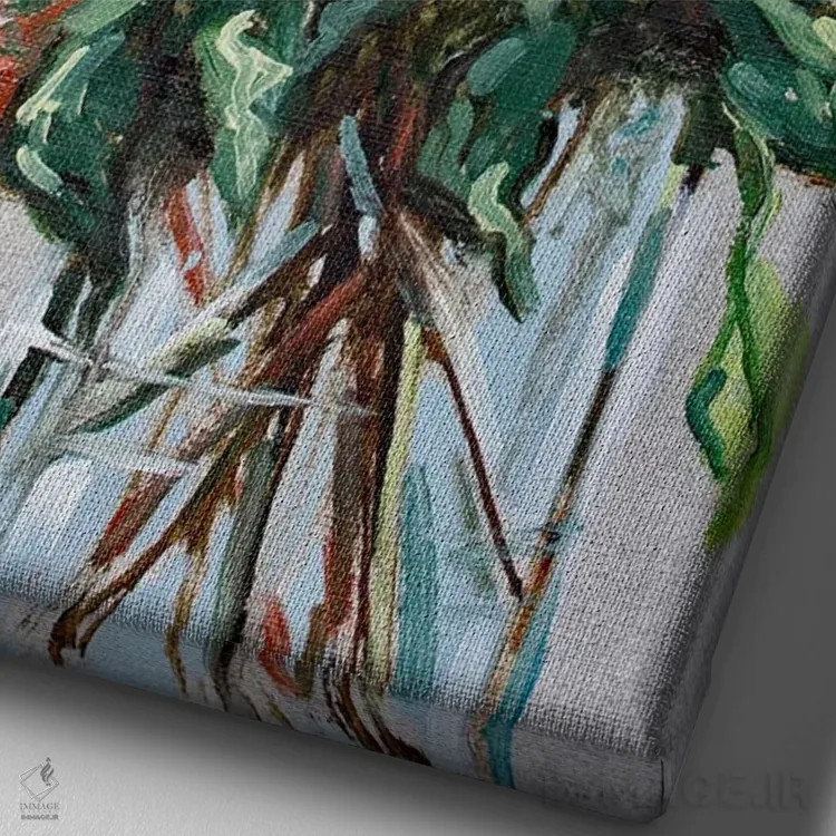 تابلو دکوراتیو گل های پاییزی در گلدان اثر آپریل موفات - نمای نزدیک بافت بوم