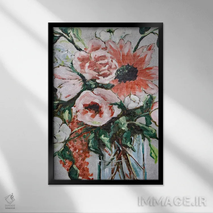 تابلو دکوراتیو گل های پاییزی در گلدان اثر آپریل موفات - نمای قابدار مشکی