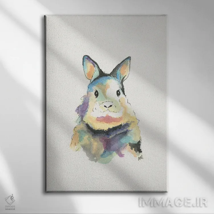 تابلو دکوراتیو خرگوش بچه آبرنگی برای اتاق کودک اثر آپریل موفات - نمای روبهرو روی دیوار