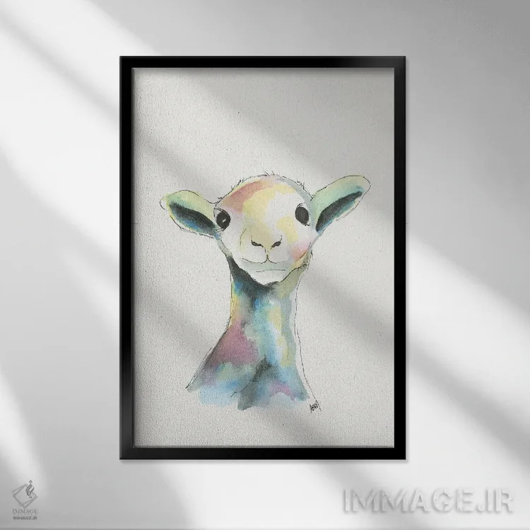 تابلو دکوراتیو بره آبرنگی برای اتاق کودک اثر آپریل موفات - نمای قابدار مشکی