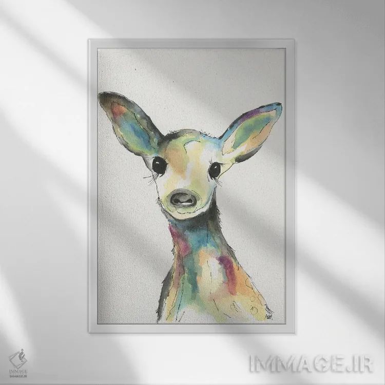 تابلو دکوراتیو گوزن بچه آبرنگی برای اتاق کودک اثر آپریل موفات - نمای قابدار سفید