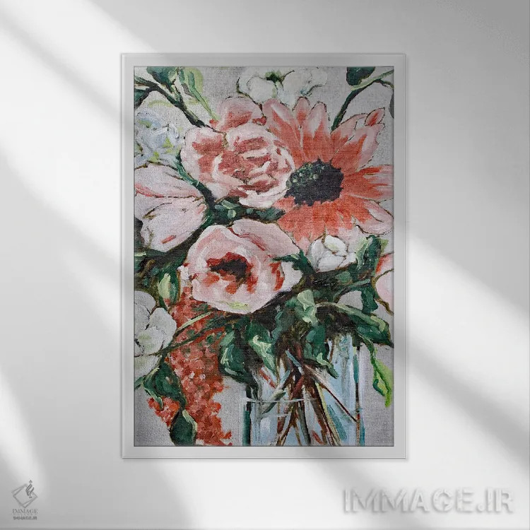 تابلو دکوراتیو گل های پاییزی در گلدان اثر آپریل موفات - نمای قابدار سفید