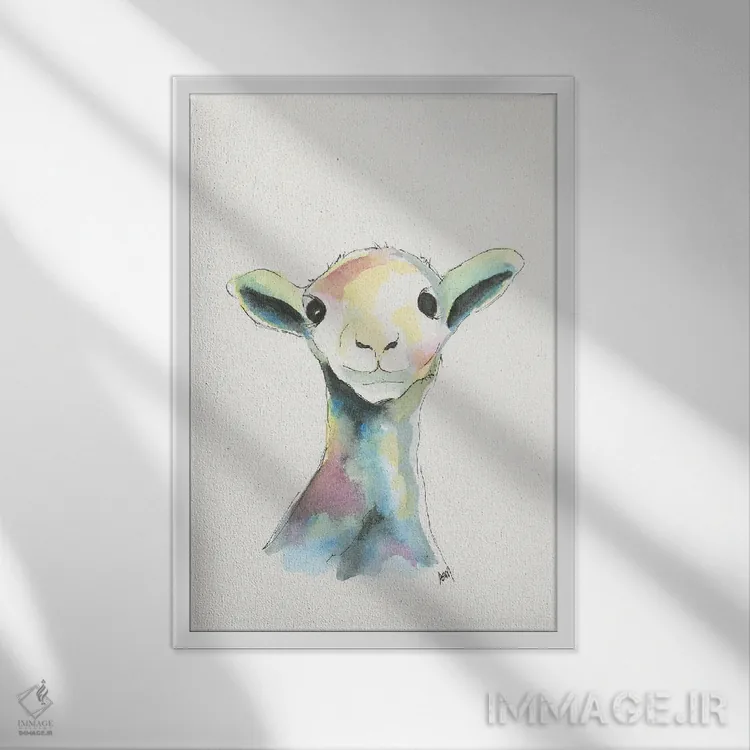 تابلو دکوراتیو بره آبرنگی برای اتاق کودک اثر آپریل موفات - نمای قابدار سفید