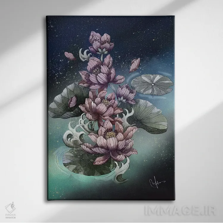 تابلو دکوراتیو گل نیلوفر آبی اثر مارین لوپ - نمای روبهرو روی دیوار