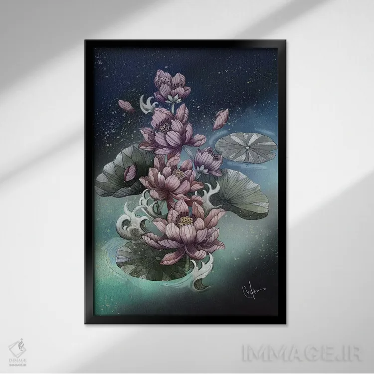 تابلو دکوراتیو گل نیلوفر آبی اثر مارین لوپ - نمای قابدار مشکی