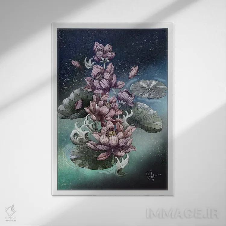 تابلو دکوراتیو گل نیلوفر آبی اثر مارین لوپ - نمای قابدار سفید