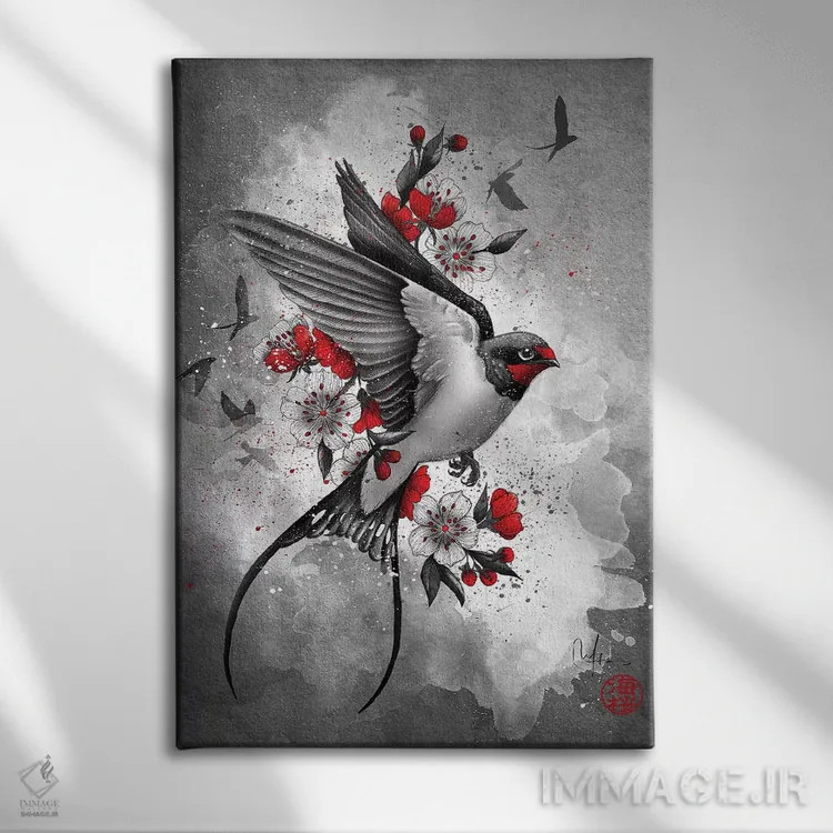 تابلو دکوراتیو پرستوها و شکوفه های گیلاس اثر مارین لوپ - نمای روبهرو روی دیوار