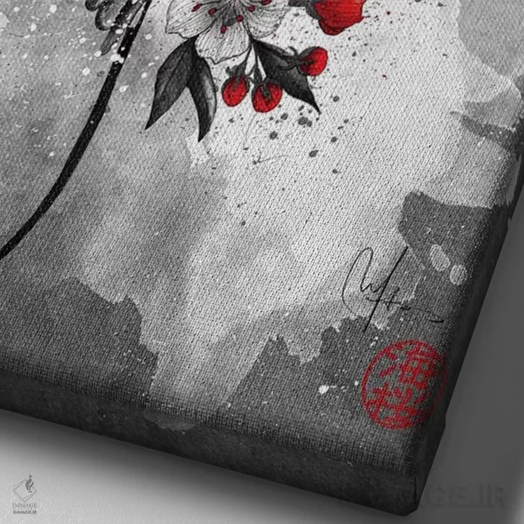 تابلو دکوراتیو پرستوها و شکوفه های گیلاس اثر مارین لوپ - نمای نزدیک بافت بوم