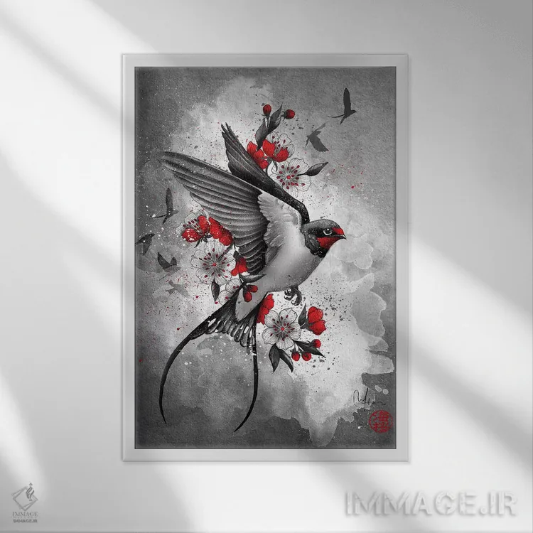 تابلو دکوراتیو پرستوها و شکوفه های گیلاس اثر مارین لوپ - نمای قابدار سفید