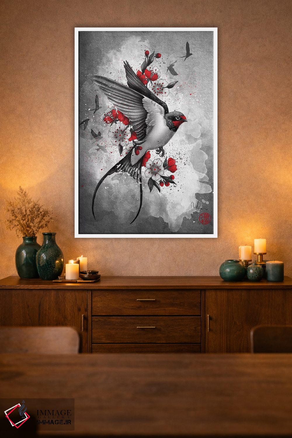 تابلو دکوراتیو پرستوها و شکوفه های گیلاس اثر مارین لوپ - D1W