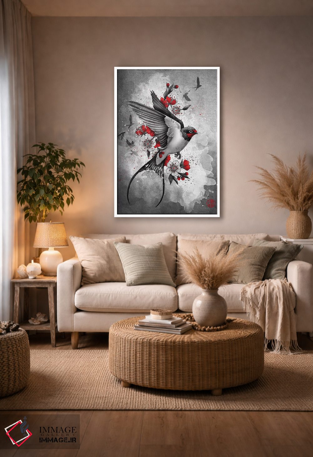 تابلو دکوراتیو پرستوها و شکوفه های گیلاس اثر مارین لوپ - D4W