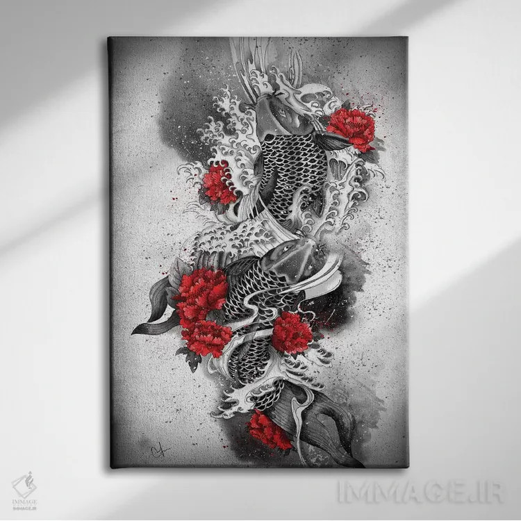 تابلو دکوراتیو دو ماهی کوی اثر مارین لوپ - نمای روبهرو روی دیوار