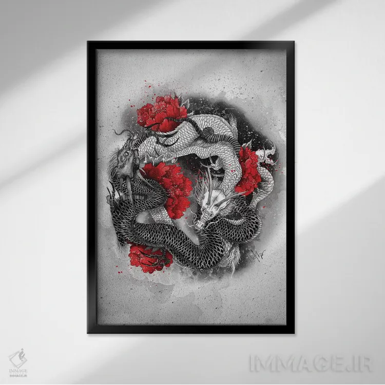 تابلو دکوراتیو دو اژدها اثر مارین لوپ - نمای قابدار مشکی