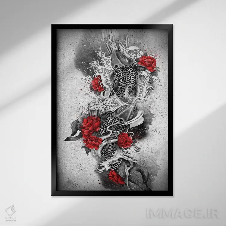 تابلو دکوراتیو دو ماهی کوی اثر مارین لوپ - نمای قابدار مشکی