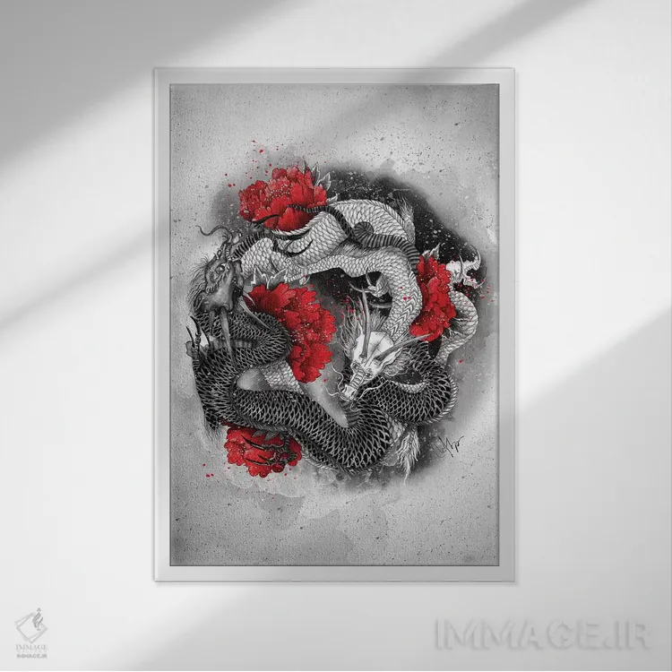 تابلو دکوراتیو دو اژدها اثر مارین لوپ - نمای قابدار سفید