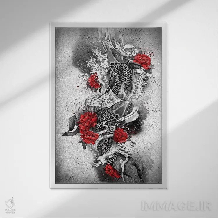 تابلو دکوراتیو دو ماهی کوی اثر مارین لوپ - نمای قابدار سفید