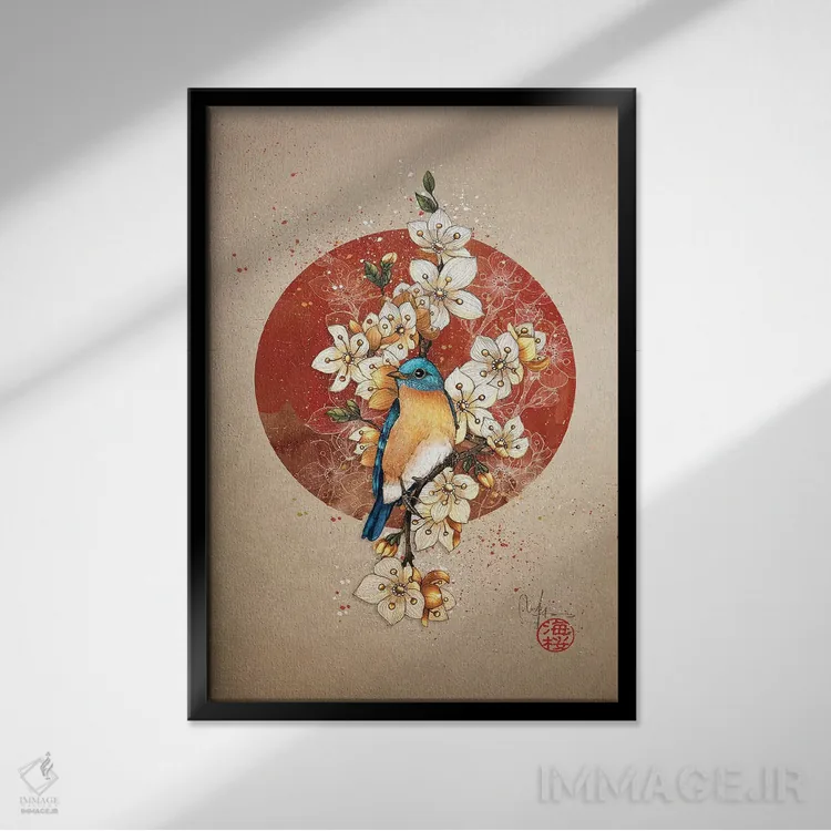 تابلو دکوراتیو پرنده آبی اثر مارین لوپ - نمای قابدار مشکی