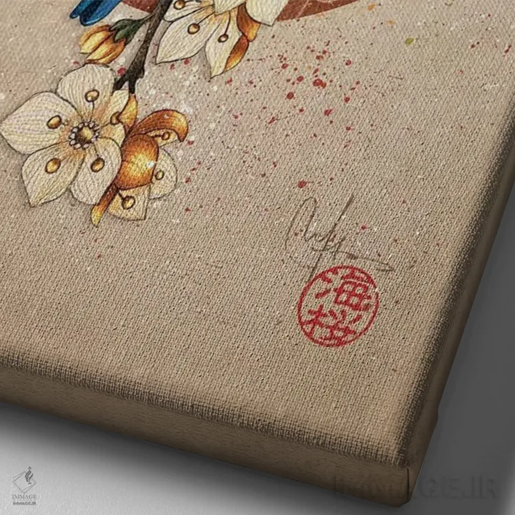 تابلو دکوراتیو پرنده آبی اثر مارین لوپ - نمای نزدیک بافت بوم