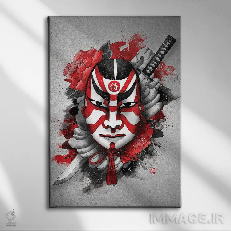 تابلو دکوراتیو نقاب سامورایی اثر مارین لوپ - نمای روبهرو روی دیوار