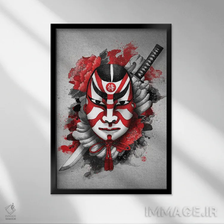 تابلو دکوراتیو نقاب سامورایی اثر مارین لوپ - نمای قابدار مشکی