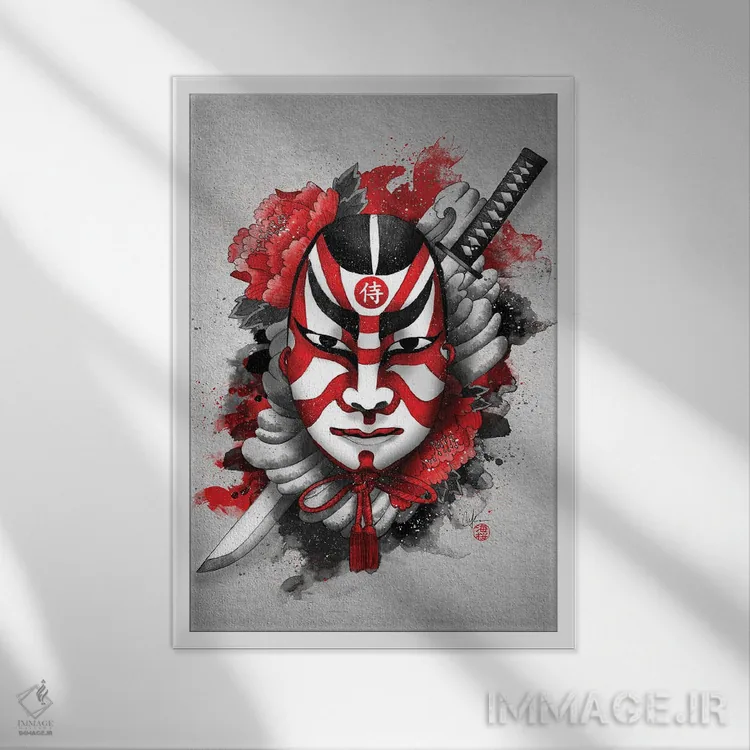 تابلو دکوراتیو نقاب سامورایی اثر مارین لوپ - نمای قابدار سفید