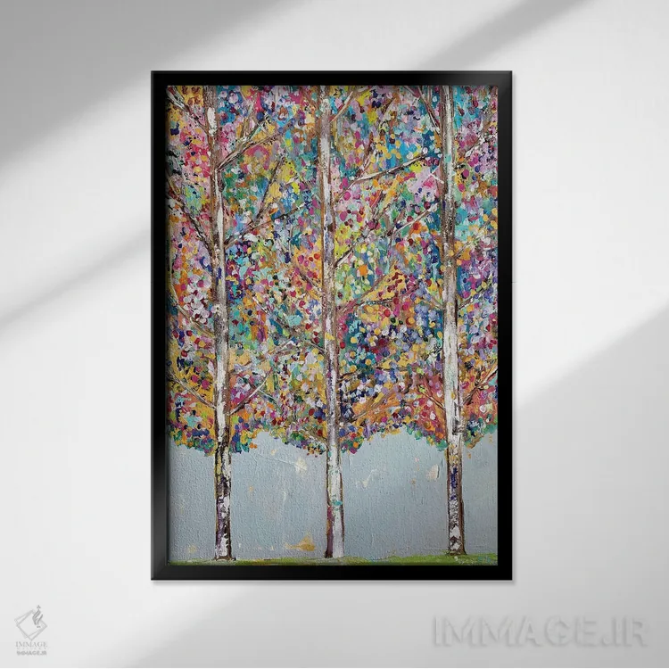 تابلو انتزاعی درختان شاد اثر ملانی سان شاین آندروود - نمای قابدار مشکی
