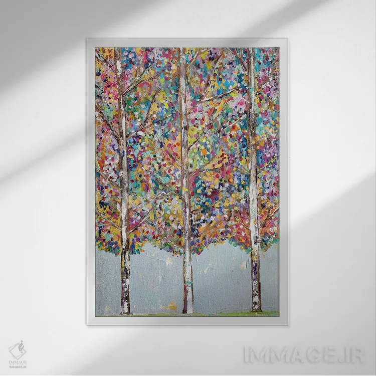 تابلو انتزاعی درختان شاد اثر ملانی سان شاین آندروود - نمای قابدار سفید